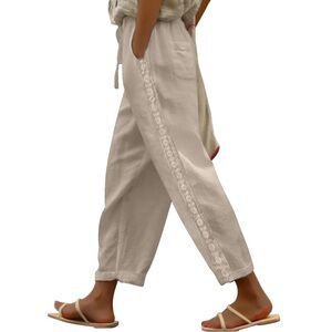Khaki Linen Drawstring Pants